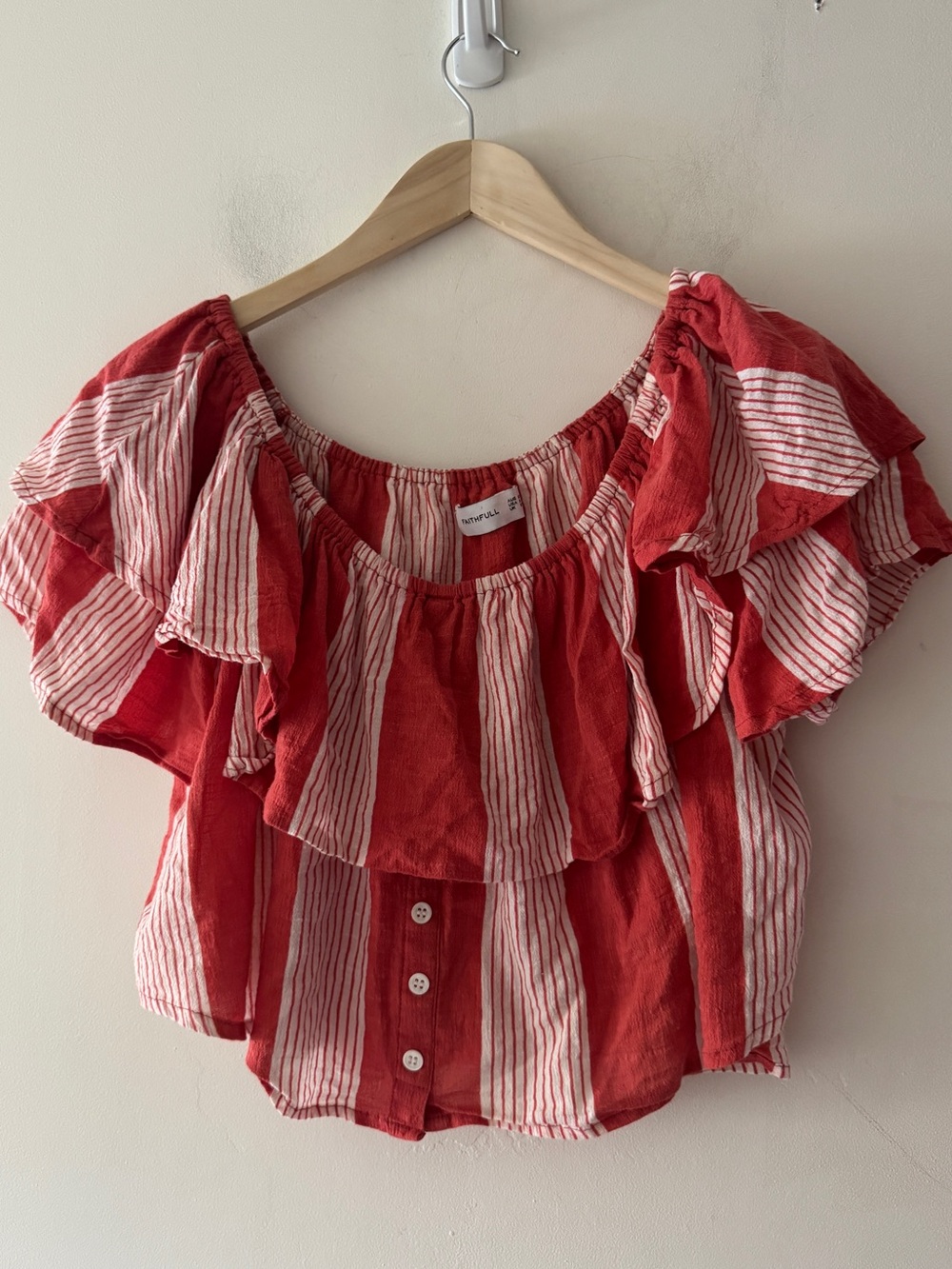 Faithfull the Brand 100% Cotton Ruffle Sleeve Striped Off the Shoulder Top